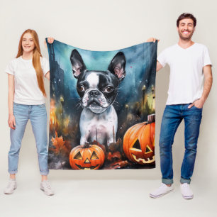 Halloween Boston Terrier Met Pompoenen Eng Fleece Deken