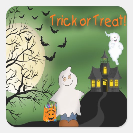 Halloween Boy Ghost Square Stickers (Voorkant)