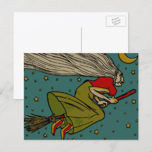 Halloween, boze heks die op Broomstick vliegt Briefkaart