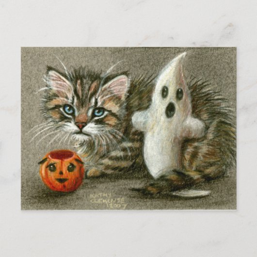 Halloween Briefkaart Cat Kitten Ghost Pumpkin Art (Voorkant)