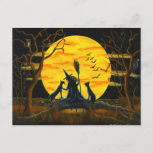 Halloween, briefkaart, heks, zwart, katten, vleerm briefkaart