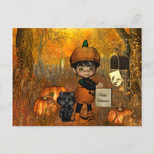 Halloween Briefkaart met kleine jongen en pompoene (Voorkant)