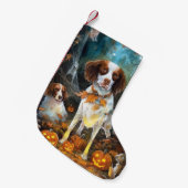 Halloween Brittany Spaniel met pompoenen eng Kleine Kerstsok (Voorkant (Hangend))