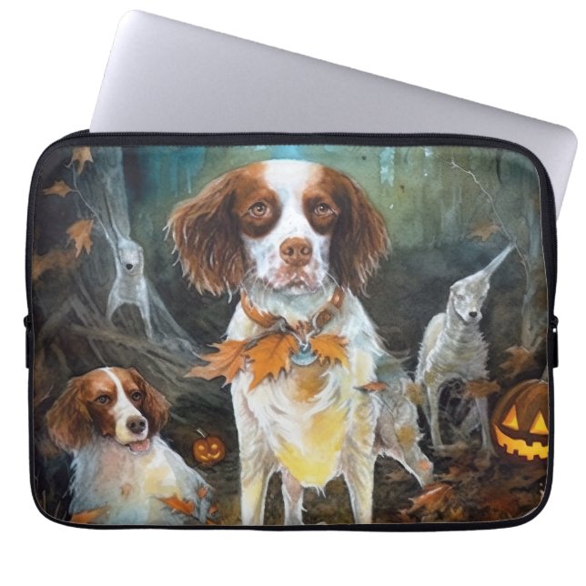 Halloween Brittany Spaniel met pompoenen eng Laptop Sleeve (Voorkant)
