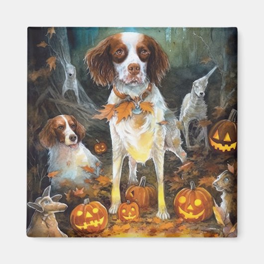 Halloween Brittany Spaniel met pompoenen eng Magneet (Voorkant)