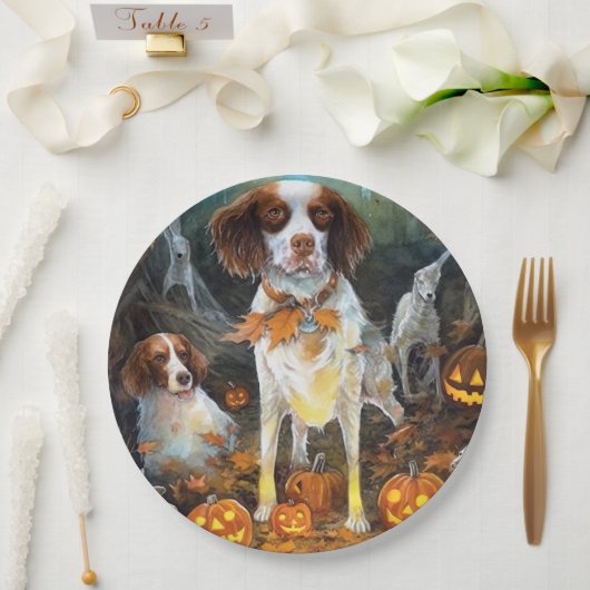 Halloween Brittany Spaniel met pompoenen eng Papieren Bordje (Huwelijk)