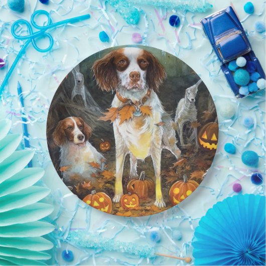 Halloween Brittany Spaniel met pompoenen eng Papieren Bordje (Feest)