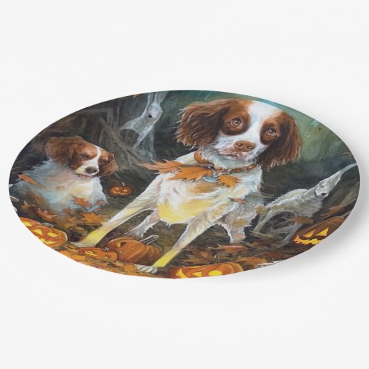 Halloween Brittany Spaniel met pompoenen eng Papieren Bordje (Gekanteld)