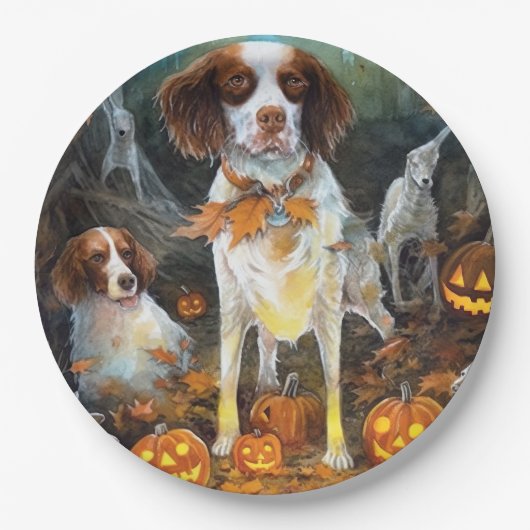 Halloween Brittany Spaniel met pompoenen eng Papieren Bordje (Voorkant)