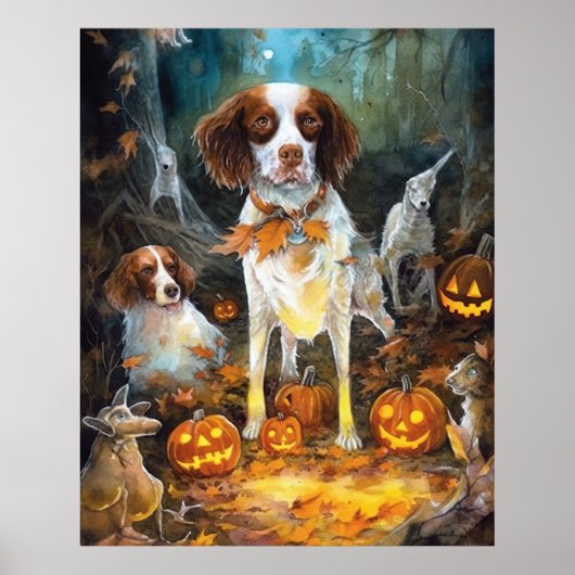 Halloween Brittany Spaniel met pompoenen eng Poster (Voorkant)