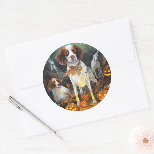 Halloween Brittany Spaniel met pompoenen eng Ronde Sticker (Envelop)