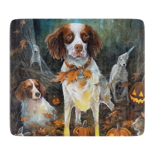 Halloween Brittany Spaniel met pompoenen eng Snijplank (Voorkant)