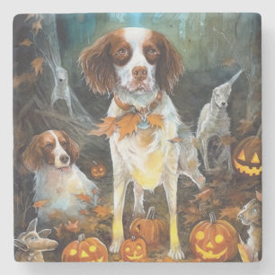 Halloween Brittany Spaniel met pompoenen eng Stenen Onderzetter