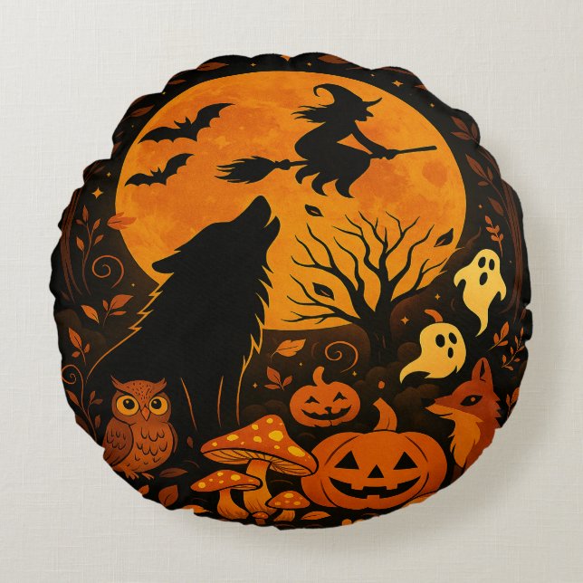 Halloween Broom Flying Witch and Moon Rond Kussen (Voorkant)