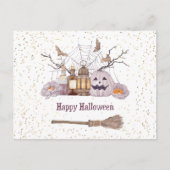 Halloween Broom Pumpkin Spider Web Lantern Feestdagenkaart (Voorkant)