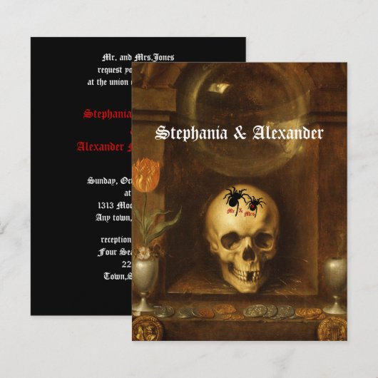 Halloween Bruiloft, Goth, Schedel, Uitnodiging op (Voorkant / Achterkant)