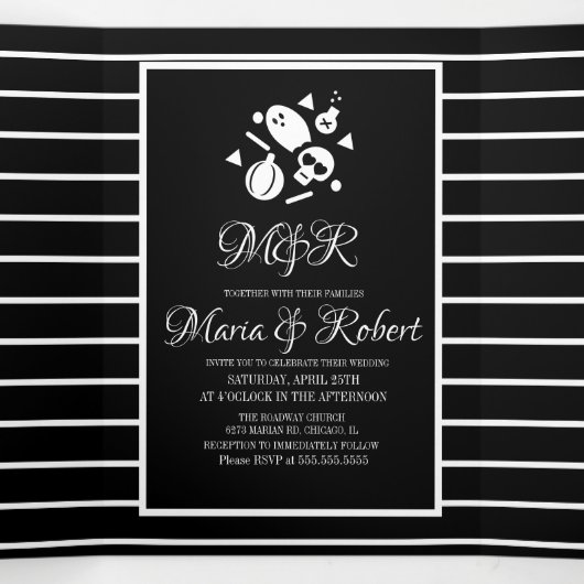 Halloween bruiloft Gothic Stripes Schedel Drieluik Uitnodiging (Binnenkant midden)