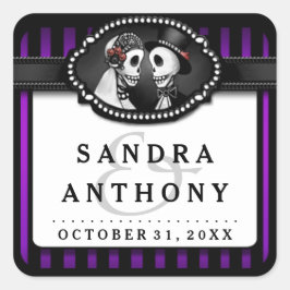 Halloween Bruiloft Paarse Zwart Gestreepte Skelett Vierkante Sticker
