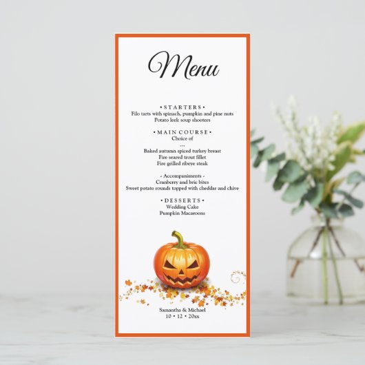 Halloween bruiloft pompoen bruiloft menu (Staand voorkant)