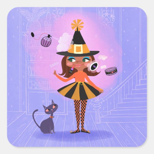 Halloween bruin haar heks lavendel & roze vierkante sticker (Voorkant)