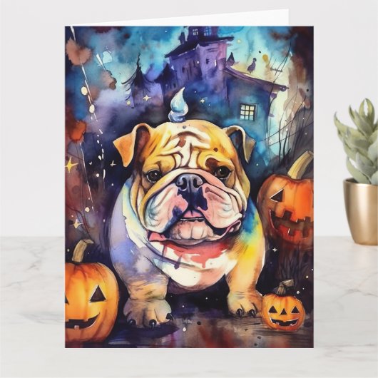 Halloween Bulldog Met Pompoenen Eng Kaart (Kleine Plant)