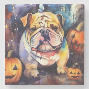 Halloween Bulldog met pompoenen eng Stenen Onderzetter