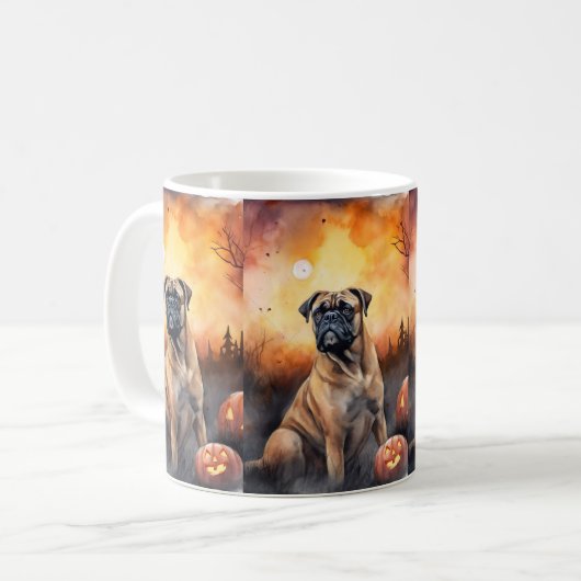 Halloween bullmastiff met pompoenen eng koffiemok (Voorkant links)
