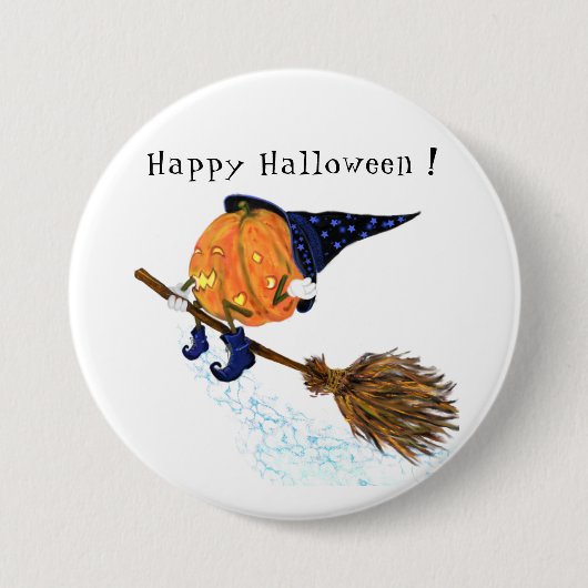 Halloween Button heks Pumpkin Flying Broom (Voorkant)