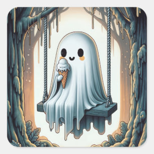 Halloween Cartoongespenst met Ijsje Vierkante Sticker