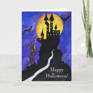 Halloween Castle Bats Tree Tekening Wenskaart Kaart