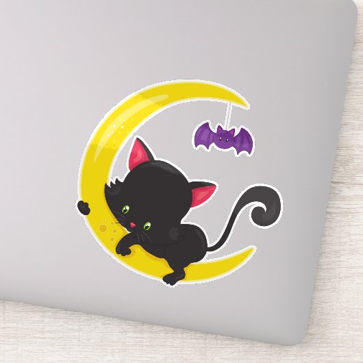 Halloween Cat, Cute Cat, Black Cat, Moon, Bat Sticker (Detail)