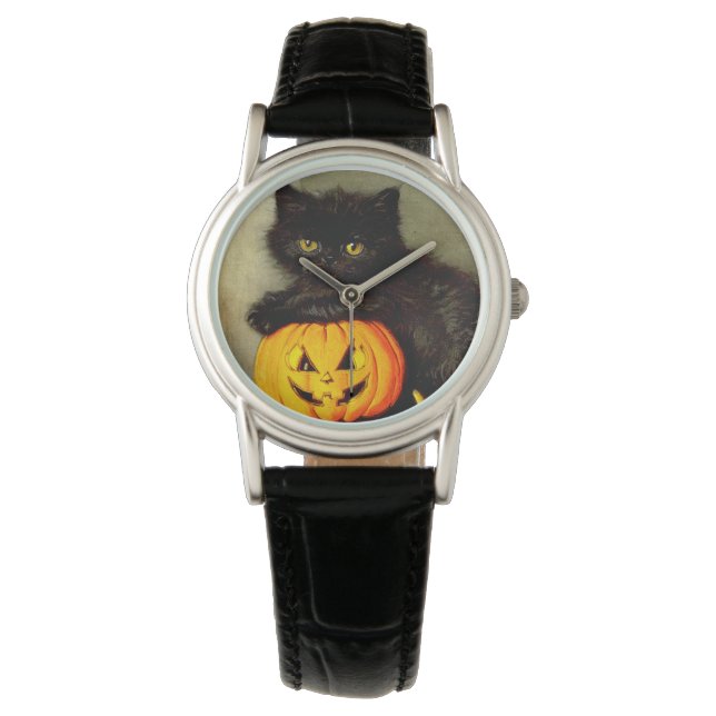  Halloween Cat en Jack-o’-lantaarn Horloge (Voorkant)