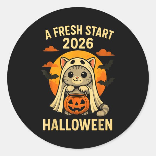 Halloween Cat Ghost Graphic - Fresh Start 2026  Ronde Sticker (Voorkant)