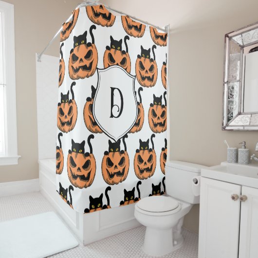 Halloween Cat Spooky Pattern Gepersonaliseerd Douchegordijn (In situ)