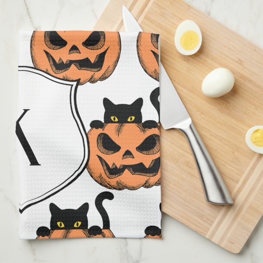 Halloween Cat Spooky Pattern Gepersonaliseerd Theedoek (Quarter Fold)