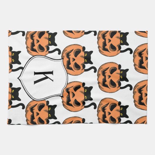  Halloween Cat Spooky Pattern Gepersonaliseerd Theedoek (Horizontaal)