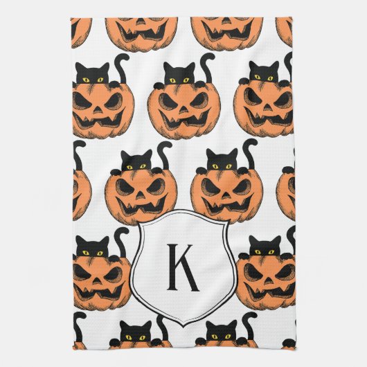  Halloween Cat Spooky Pattern Gepersonaliseerd Theedoek (Verticaal)