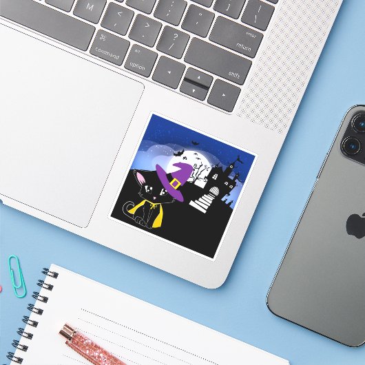 Halloween Cat Sticker (Laptop met iPhone)
