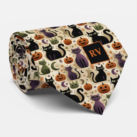 Halloween Cat Whiskers & Pumpkins Monogrammed Stropdas (Opgerold)