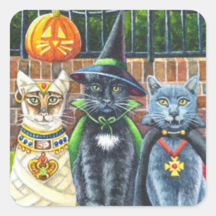 Halloween Cats in Costume Waterverf Art Square St Vierkante Sticker