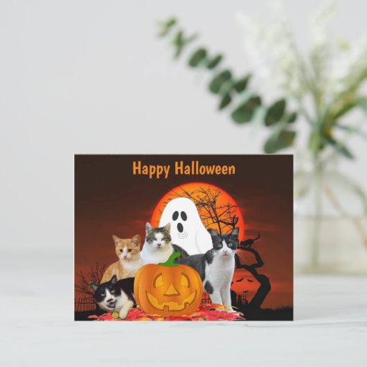 Halloween Cats in Graveyard met Ghost/Cat Lover Briefkaart (Staand voorkant)