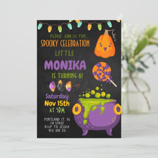 Halloween Cauldron Witch Anniversaire Invitation (Debout devant)