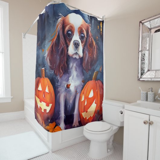 Halloween Cavalier King Charles Spaniel Pumpkins Douchegordijn (In situ)