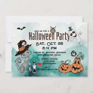 Halloween Chat et Doodle fantôme Invitation