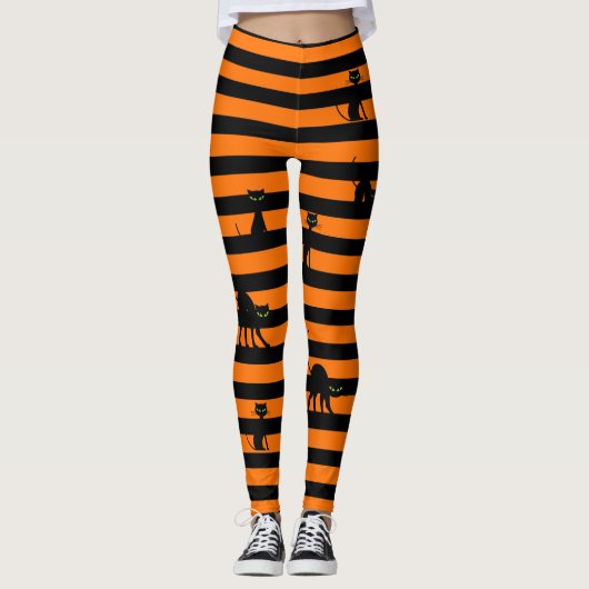 Halloween Chat noir & Bandes Leggings Orange (Devant)