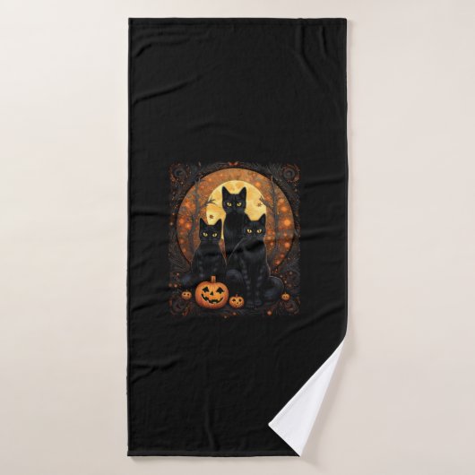 Halloween Chat noir Van Gogh Witch Kawaii Citrouil (Serviette de bain)