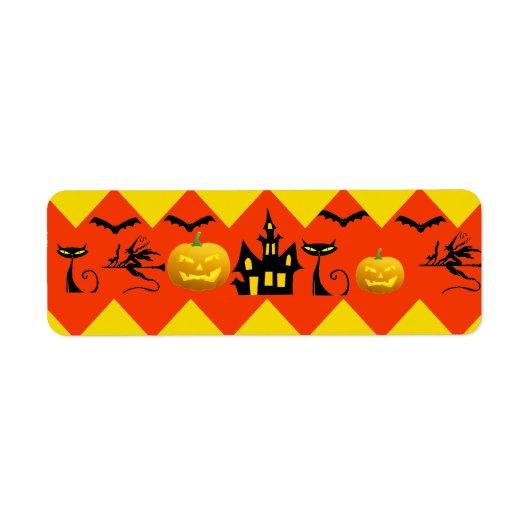 Halloween Chevron Haunted House Black Cat Pattern Etiket (Voorkant)