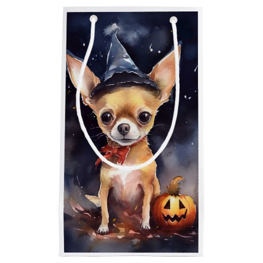 Halloween chihuahua met pompoenen eng klein cadeauzakje (Voorkant)