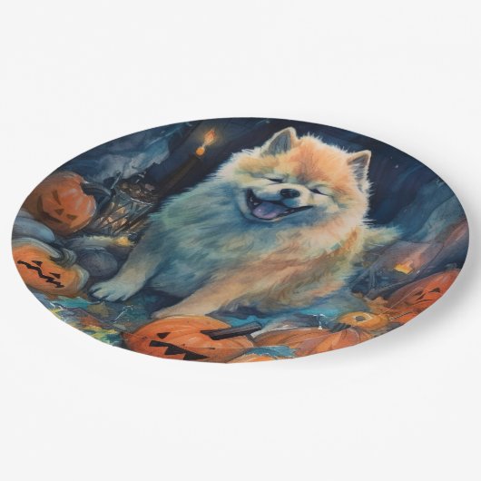 Halloween Chow met pompoenen eng Papieren Bordje (Gekanteld)