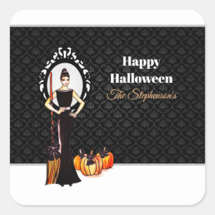 Halloween Classic Elegant Long Black Dress Canvas  Vierkante Sticker